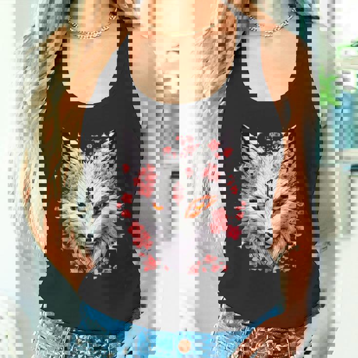 キツネ キツネ キツネ マスク アニメ カワイイ 桜 花 タンクトップ