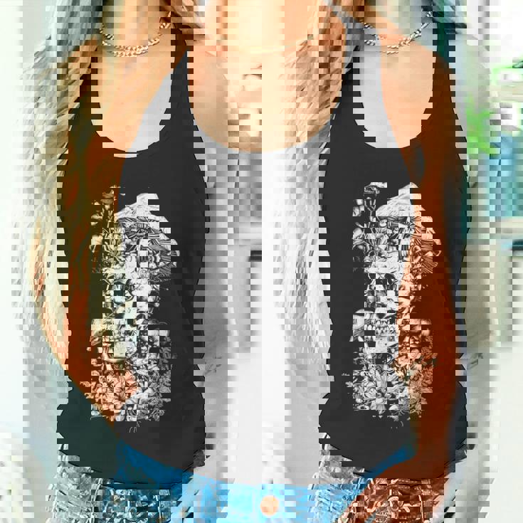 キノコや花があしらわれた骸骨の幻覚的なイラスト タンクトップ