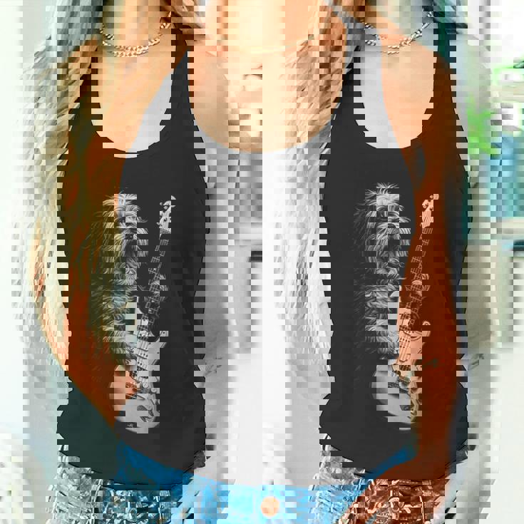 ギターを弾くハバニーズ犬 ロックミュージック 犬好き タンクトップ