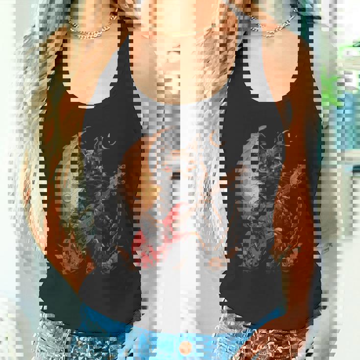 ギターを弾くロックキャット 面白いロックミュージックギター猫 タンクトップ