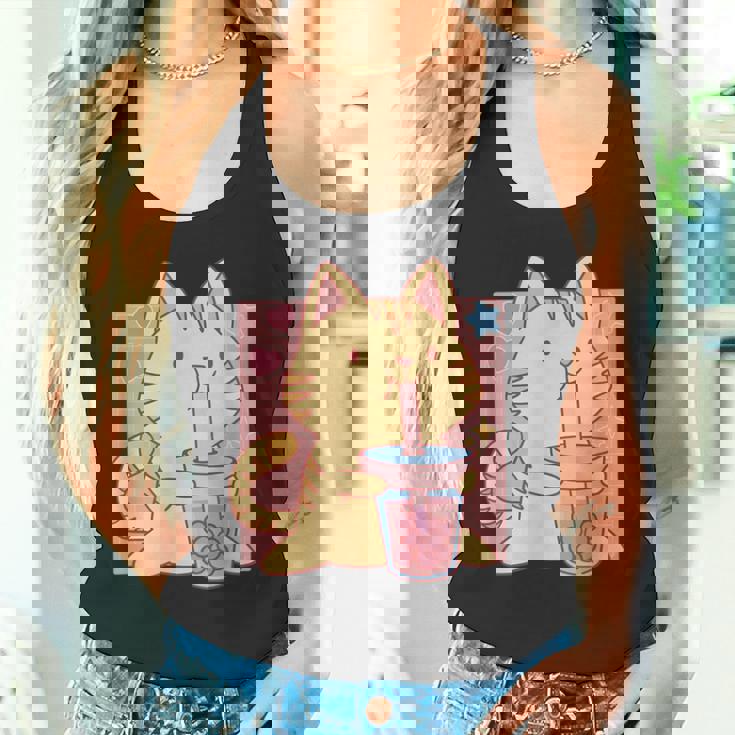 トラ猫とボバ茶のかわいいかわいい猫のグラフィック タンクトップ