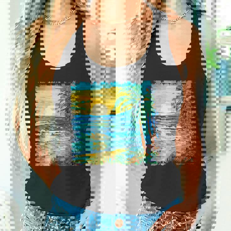 トロピカルビーチ 太陽 オーシャン ヤシの木 ゴッホスタイル アートデザイン タンクトップ