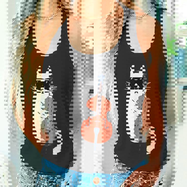 ネコとコントラバス 猫とサングラス ネコ好き 猫飼い コントラバス ウッドベース ダブルベース ジャズ音楽 ネコ 猫 タンクトップ