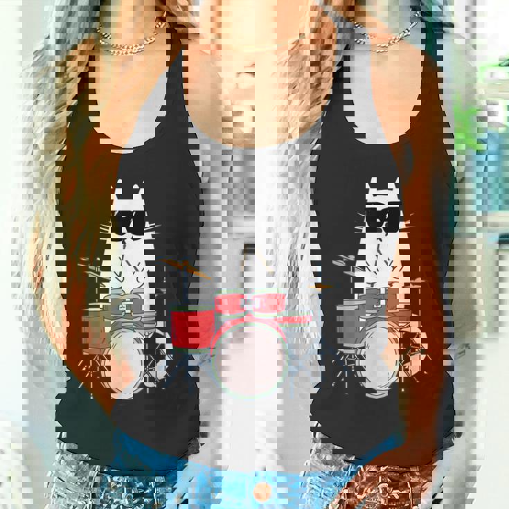 ネコとドラム 猫とサングラス ネコ好き 猫飼い 愛猫家 ドラム ドラムセット バンド ジャズ音楽 ねこ ネコ 猫 タンクトップ