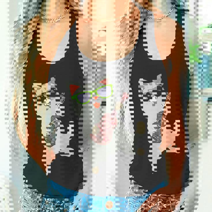 ハワイアンウケ猫遊びウクレレバッジポケット タンクトップ