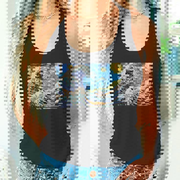 バンゴッホの星空と北斎の富嶽三十六景波絵の融合 タンクトップ