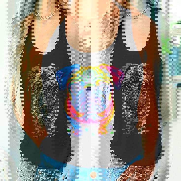 パグ犬 カラフルカラー ポップアート レインボー カーリン キュート パグ タンクトップ