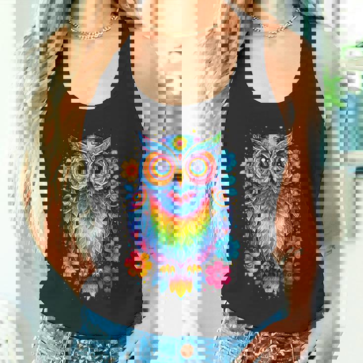 フクロウと花 カラフルなアートワーク フクロウの恋人 タンクトップ