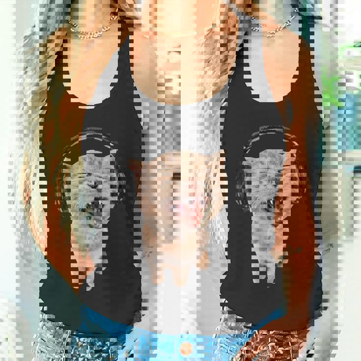 ヘッドフォン付き猫 ミーム タンクトップ