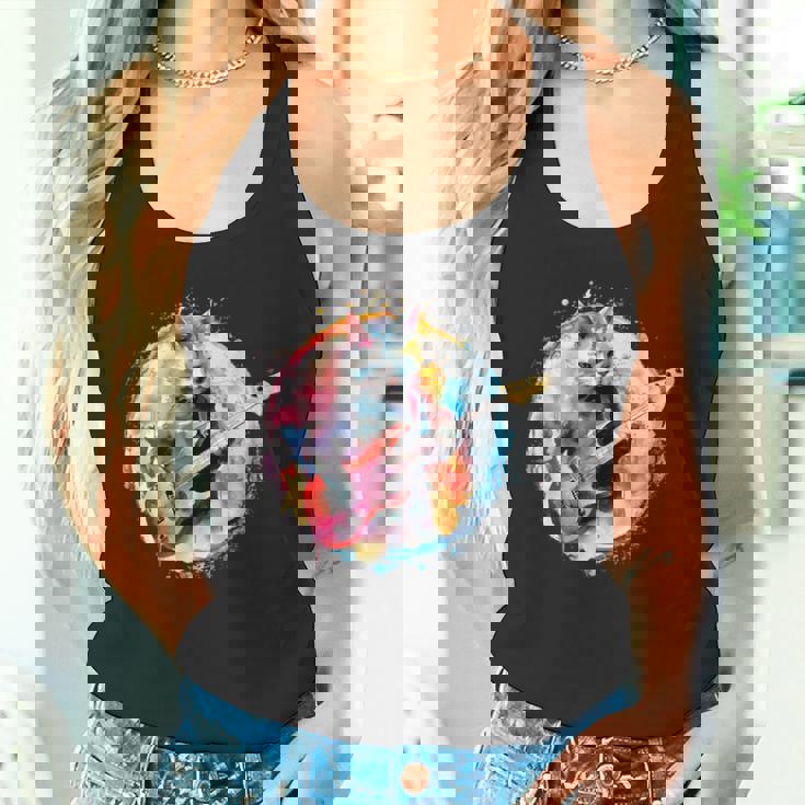 ベースギターを弾く猫水彩グラフィックデザイン タンクトップ