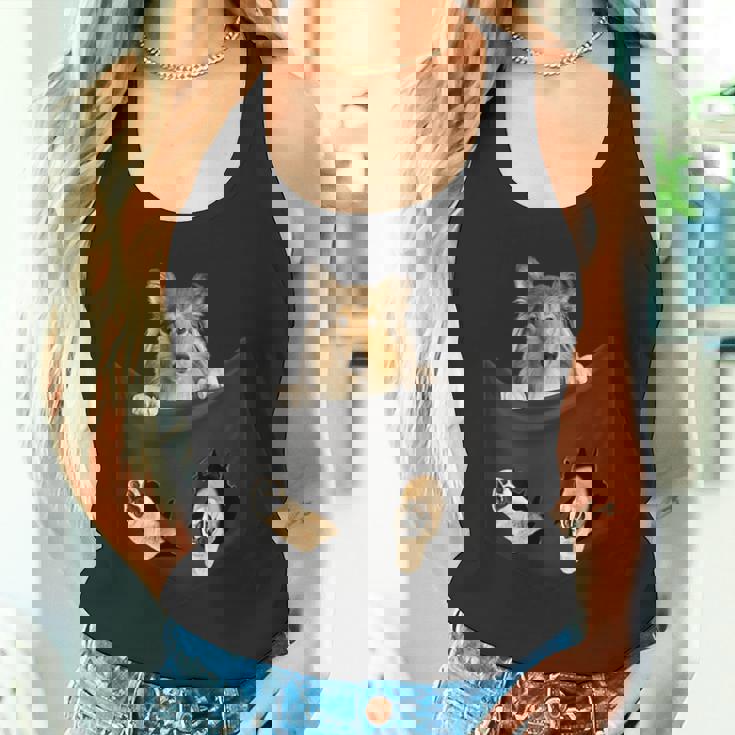 ポケットに入ったセーブルコリー犬、ラフコリーの子犬のぞき見 タンクトップ