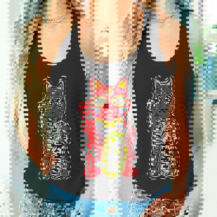 メキシコ 死者の日 と 招き猫 ネコ を組合わせた シュガー スカル キャット 赤 レッド 大吉 猫好き ねこマニア タンクトップ