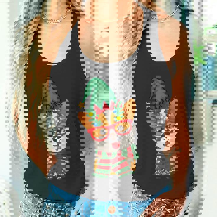 メリークリスマス かわいいオタクウェールズコーギー エルフの帽子とスカーフ付き タンクトップ