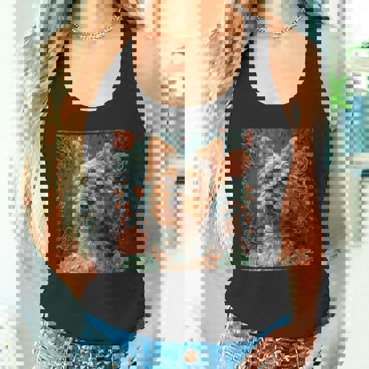 ヨークシャーテリア、ボーホースタイルのグラフィックの周りに多肉植物が描かれています。 タンクトップ