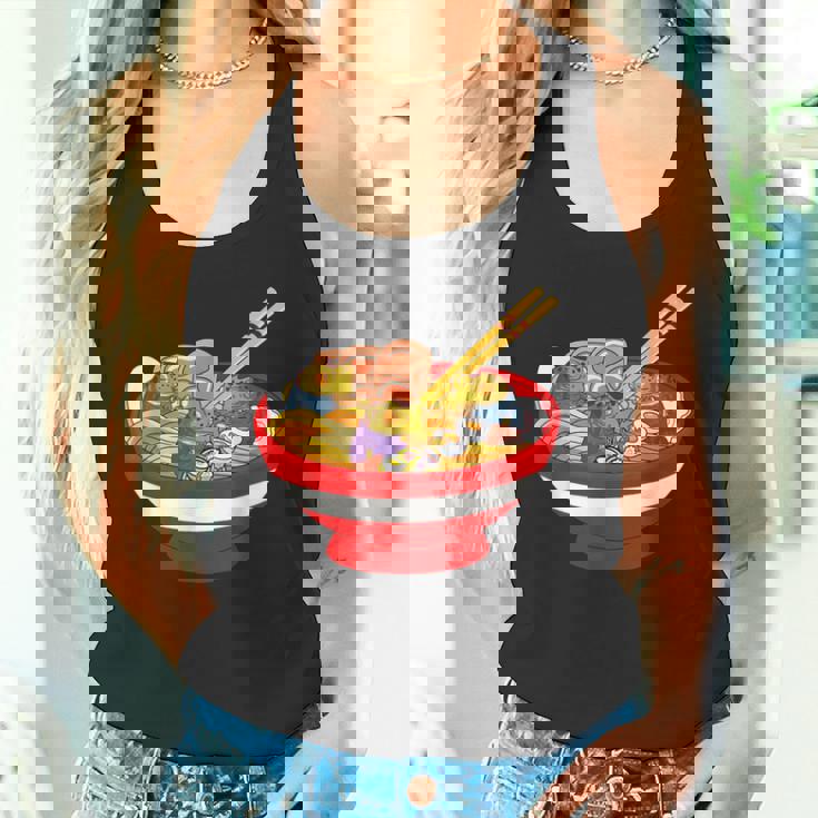 ラーメンを食べる三匹のかわいいカエルのお揃い アニメ恋人 食通 タンクトップ