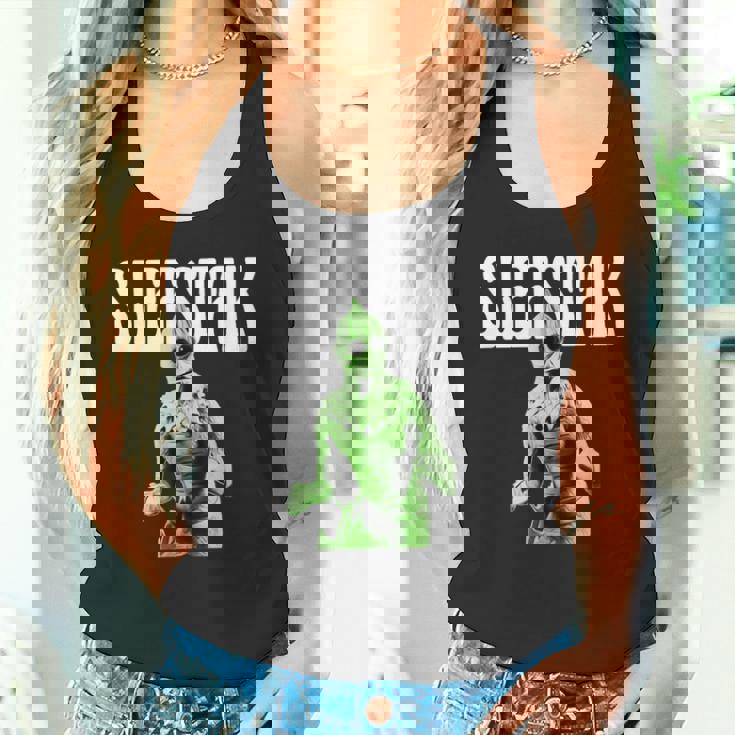 レトロなスリースタック爬虫類エイリアンのグラフィック。 タンクトップ