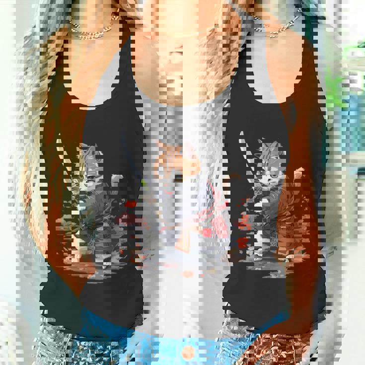 レトロな日本の侍猫グラフィック 猫愛好家 タンクトップ