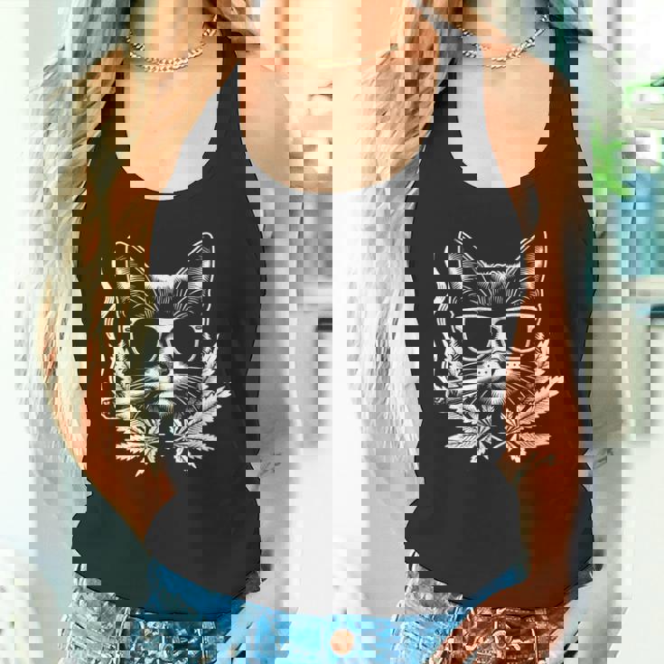 レトロな猫 サングラス付き 喫煙 大麻 雑草 葉 タンクトップ