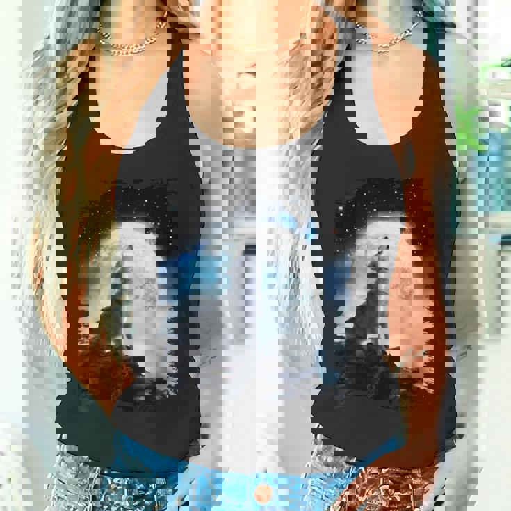 宇宙空間 オオカミ 月に遠吠えするオオカミ タンクトップ