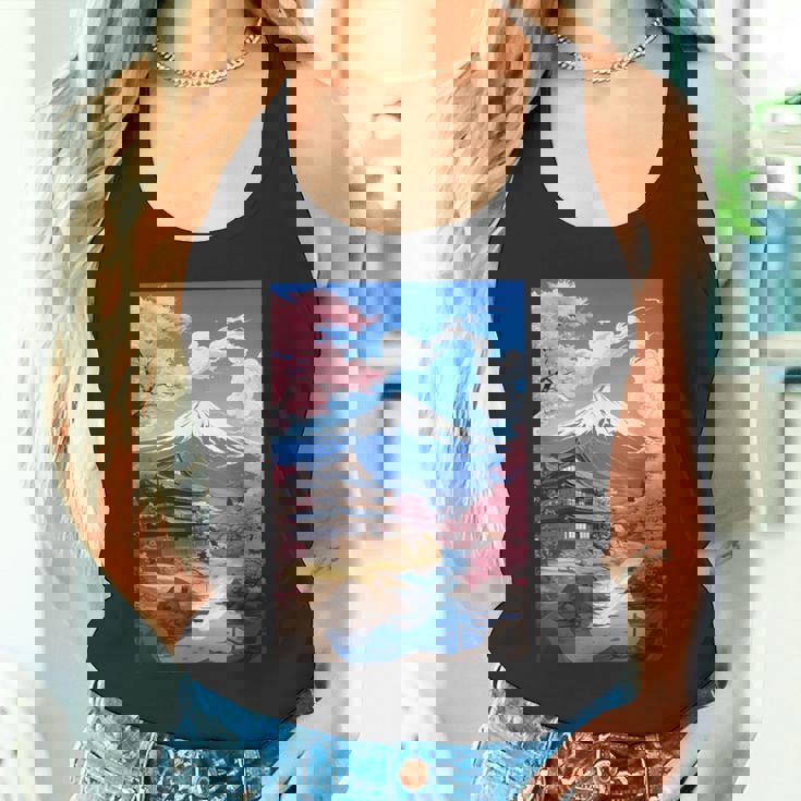 寺と富士山のある日本の風景 タンクトップ