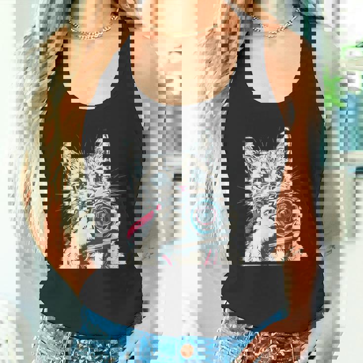 旅行や写真を撮るのに最適なカメラ猫。 タンクトップ