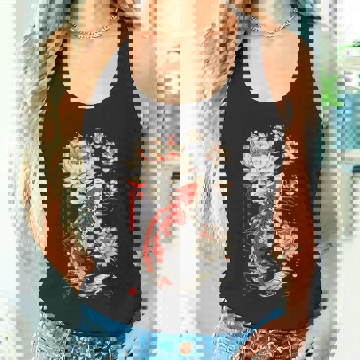 日本の鯉 魚 蓮の花 ヴィンテージ アート 日本 タンクトップ