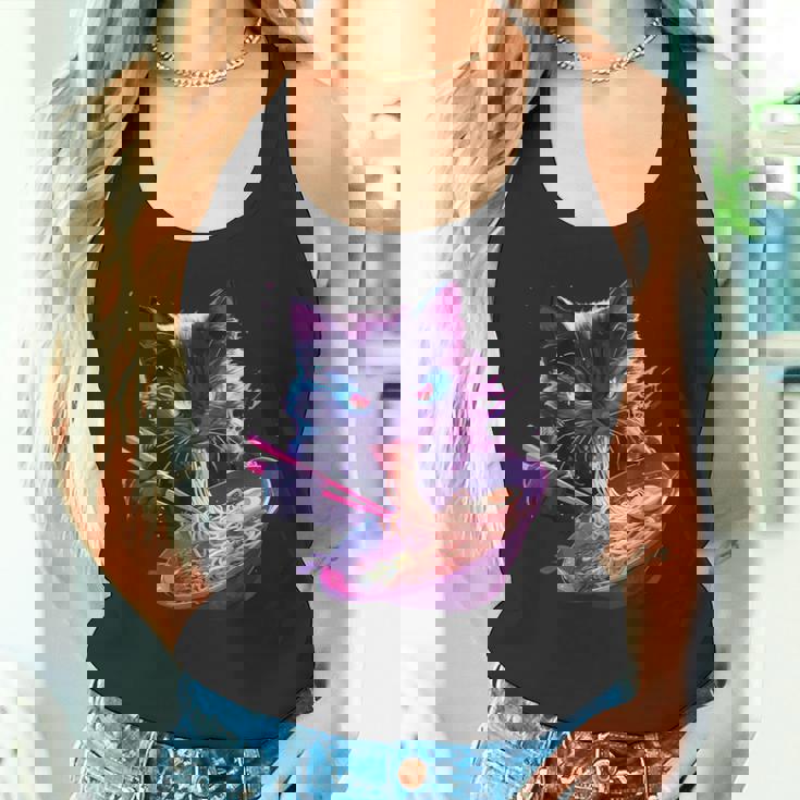 日本美術 ラーメン 猫 忍者 シンセウェーブ スタイル サムライキャット タンクトップ