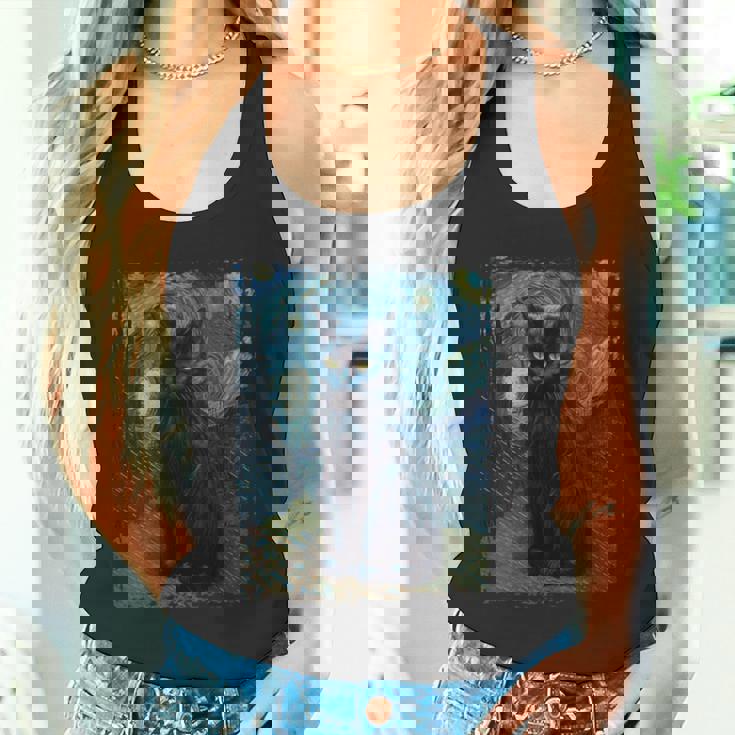 星月夜 ヴィンセント・ヴァン・ゴッホ 黒猫 レトロ絵画 猫 長袖tシャツ タンクトップ