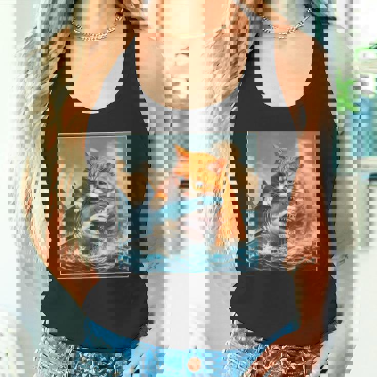 猫のサメ、面白い猫がサメを噛むサメ、サメと猫 タンクトップ