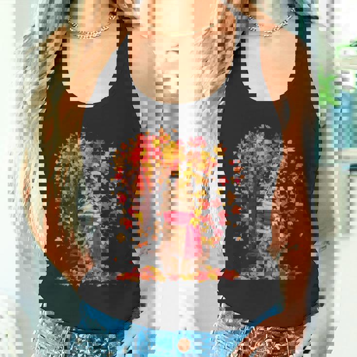 秋 猫 赤いスカーフ 紅葉 かわいい 猫 ママ 滝 タンクトップ