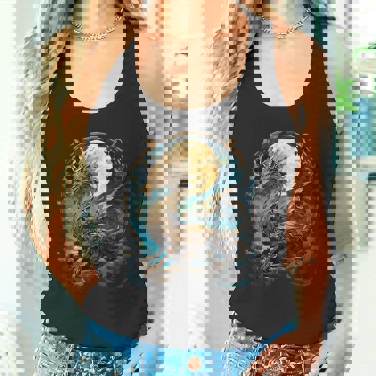 美しいルナゴールドドラゴン フローラルアートノボー タンクトップ