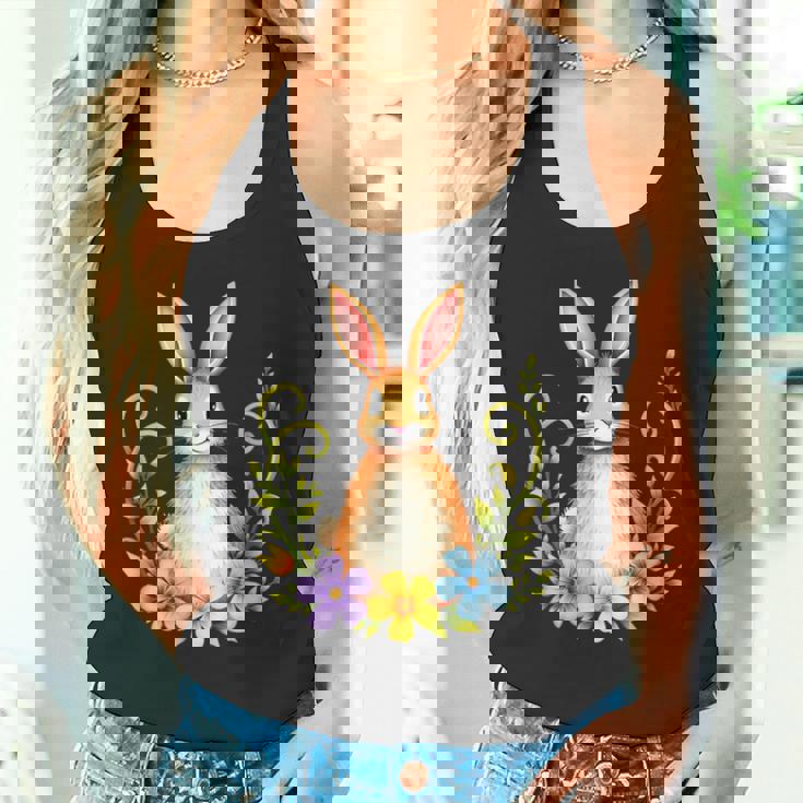 花と葉を持つ愛らしいウサギ 自然デザイン タンクトップ