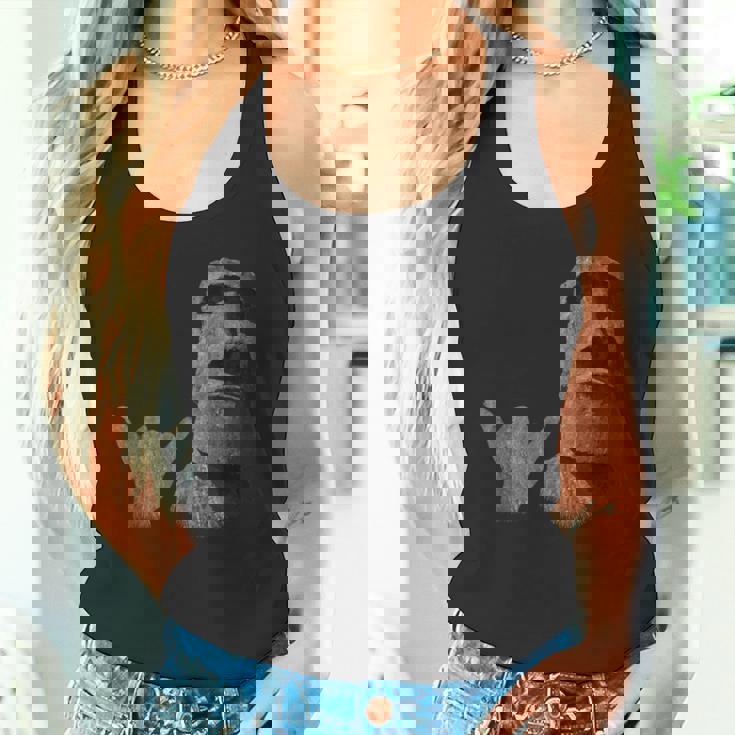 面白いイースター島のラパヌイのモアイ像 サーファーのシャカのサイン タンクトップ