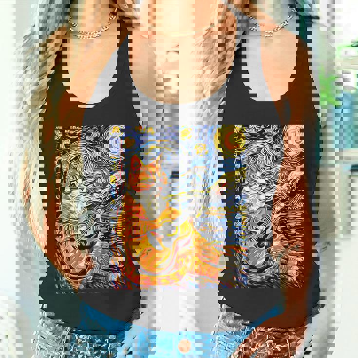 面白いレトロなデザインの猫がギターを弾く 星月夜 タンクトップ