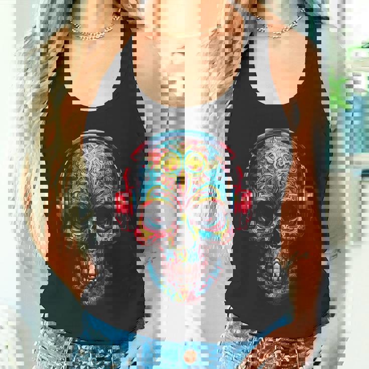 頭蓋骨アート曼荼羅ファンタジーカラフルなヘッドフォンモチーフの頭蓋骨 タンクトップ