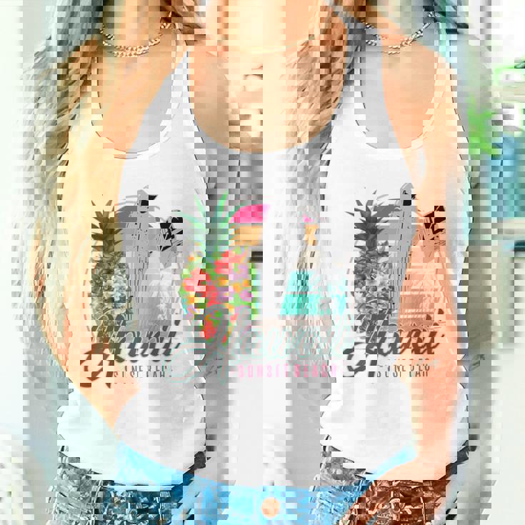 Sunset Beach Hawaii、サーフィンサーフボードレトロ、バックプリント タンクトップ