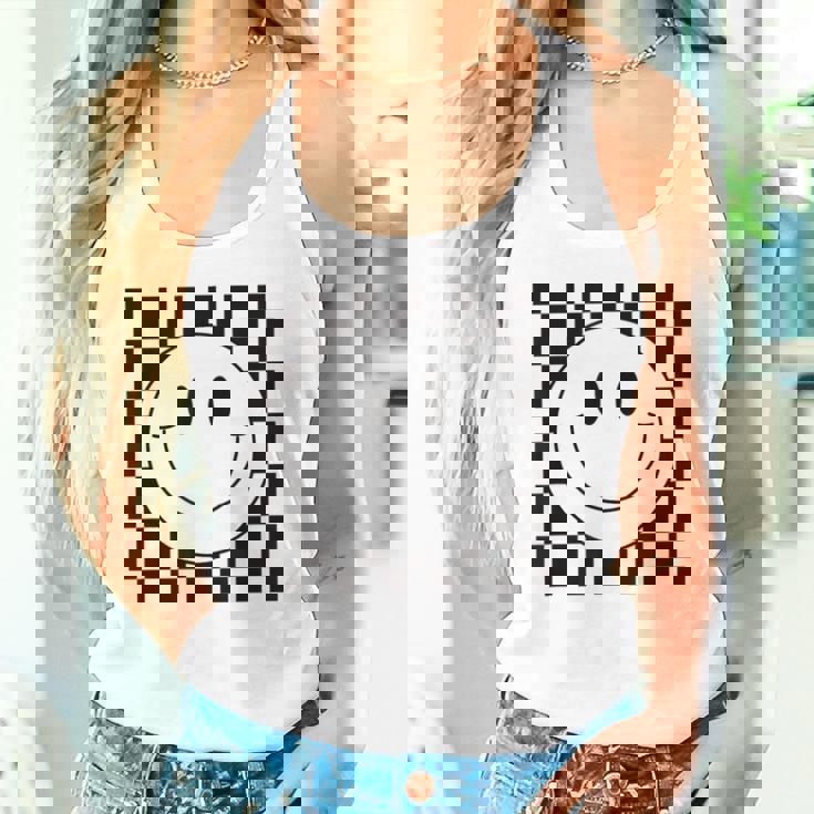 イエロー スマイル フェイスシャツ かわいい チェック柄 スマイル ハッピー タンクトップ