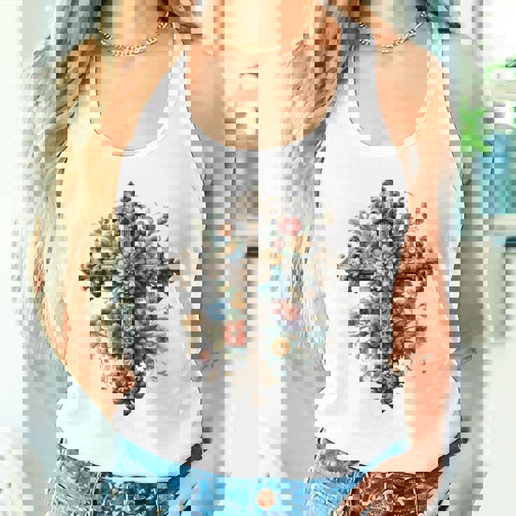 十字架 スピリチュアル キリスト 花 イエス 信仰 十字架 十字架 長袖tシャツ タンクトップ