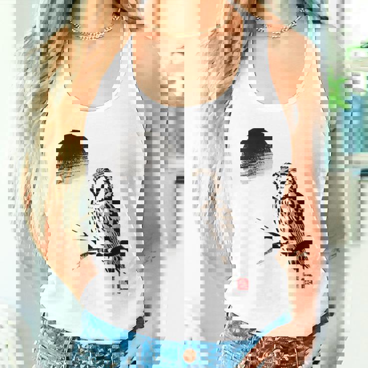 日本製 墨絵 ふくろう アート 墨筆 絵 漢字 知恵 – 日本文化デザイン タンクトップ