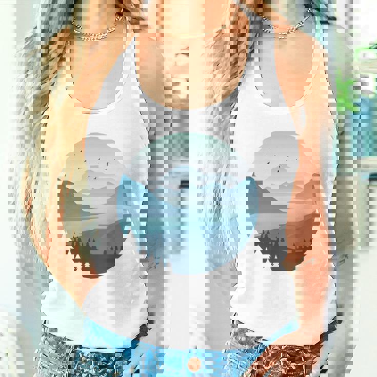 湖 森 風景 山 シルエット 長袖tシャツ タンクトップ