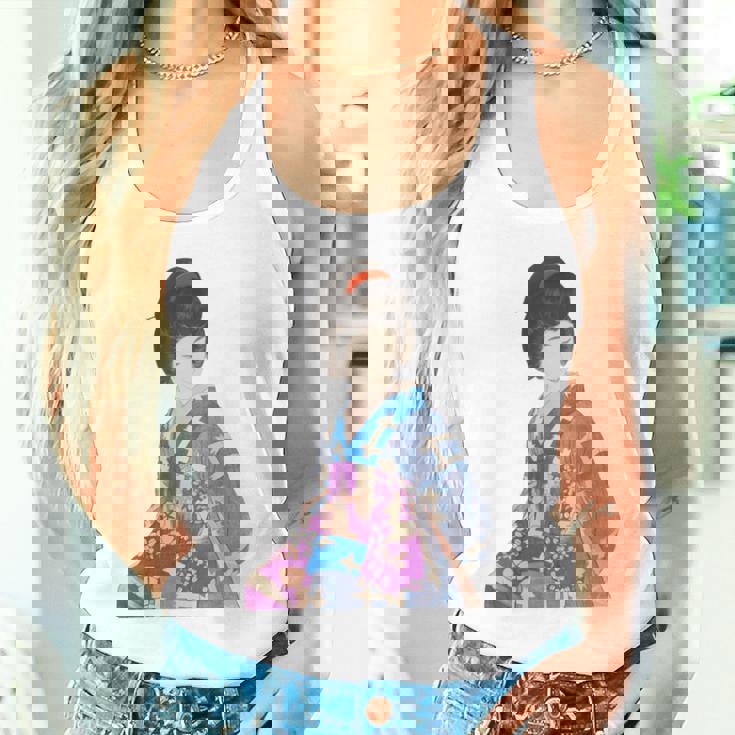 青い着物を着た美しい芸者 日本画 鳥居 言人 帯 美人画 新版画 日本画 長袖tシャツ タンクトップ