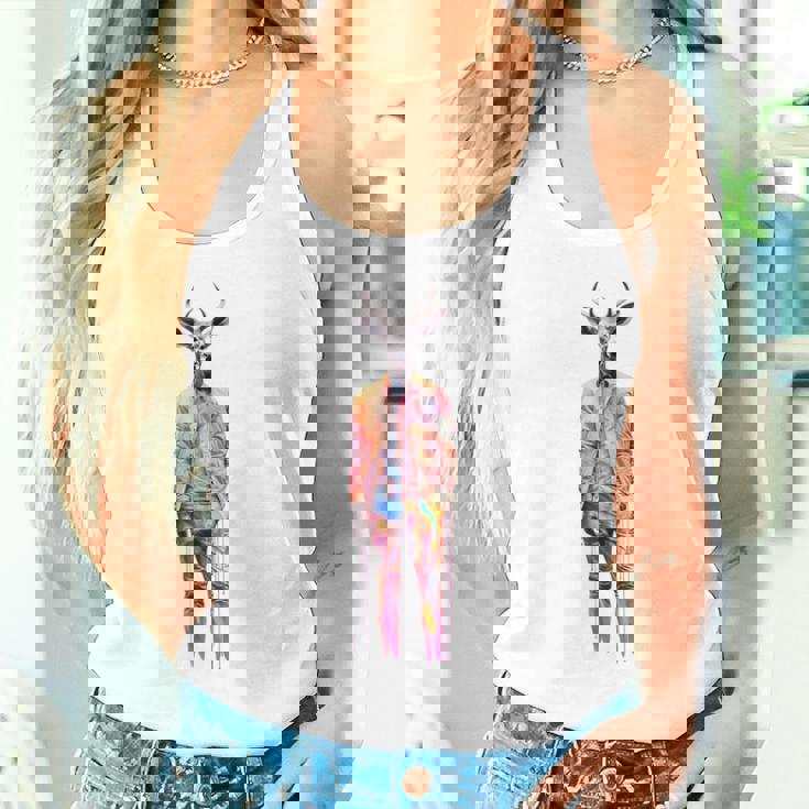 鹿 人間 アート カラフル 動物 絵画 グラフィック 鹿 タンクトップ