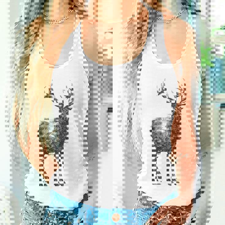 鹿 動物 プリント モチーフ 図面 イラスト ポートレート 鹿 タンクトップ