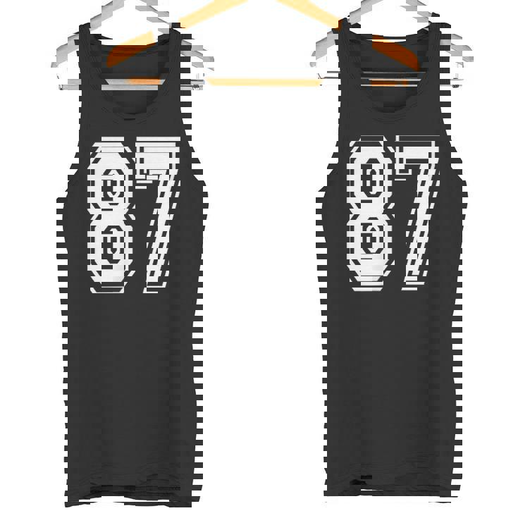 87番の前面と背面にホワイトのプリント。 タンクトップ