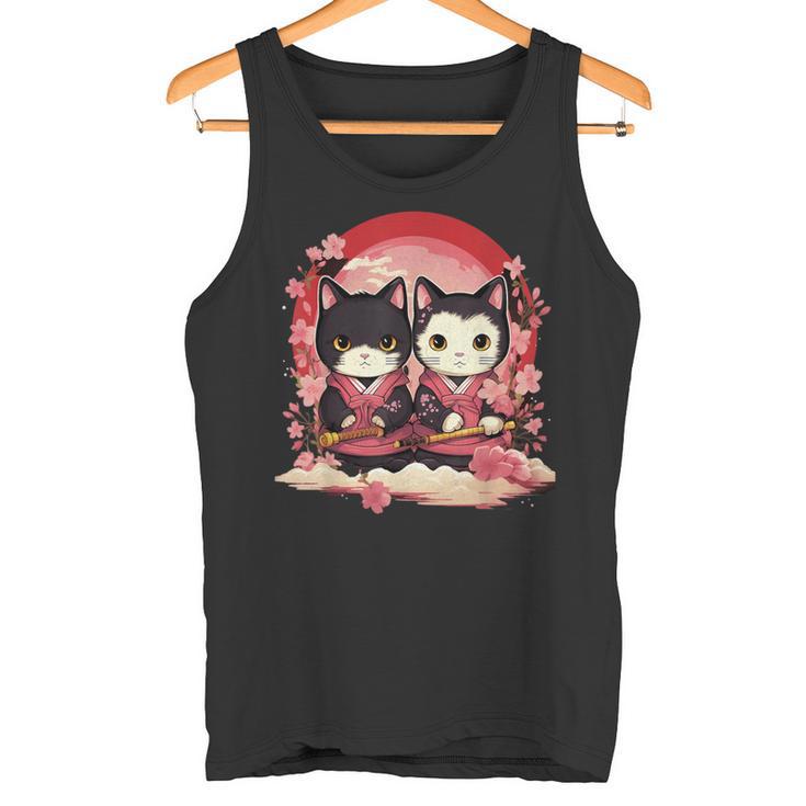 Kawaii Japonés Parejasamurai Ninja Gatos Guerrero Arte Camiseta sin mangas