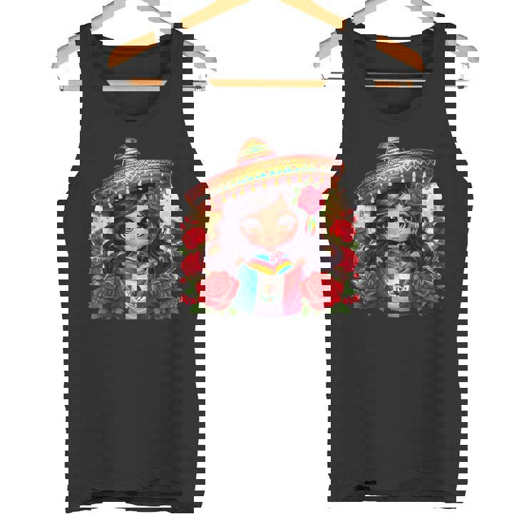 Long Haired Curvy Mexican Chibi Zarape Roses Mexican Pride タンクトップ