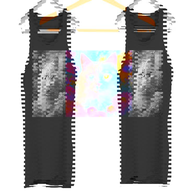 「お花畑のルディ猫」 油絵風ファンタジーアート 綺麗 かわいい オッドアイ リアル タンクトップ