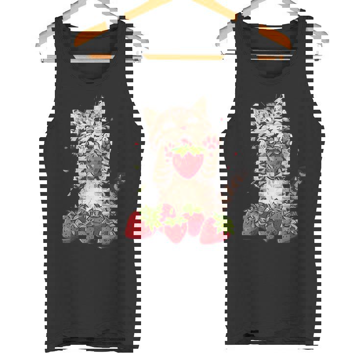 いちご 猫 いちご フルーツ ネコ アニマル プリント 図面 タンクトップ