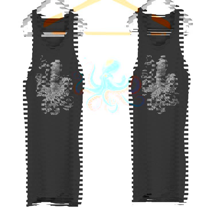 かわいい タコ カラフル ヴィンテージ ブルー イカ クラーケン スキューバ ダイビング タンクトップ