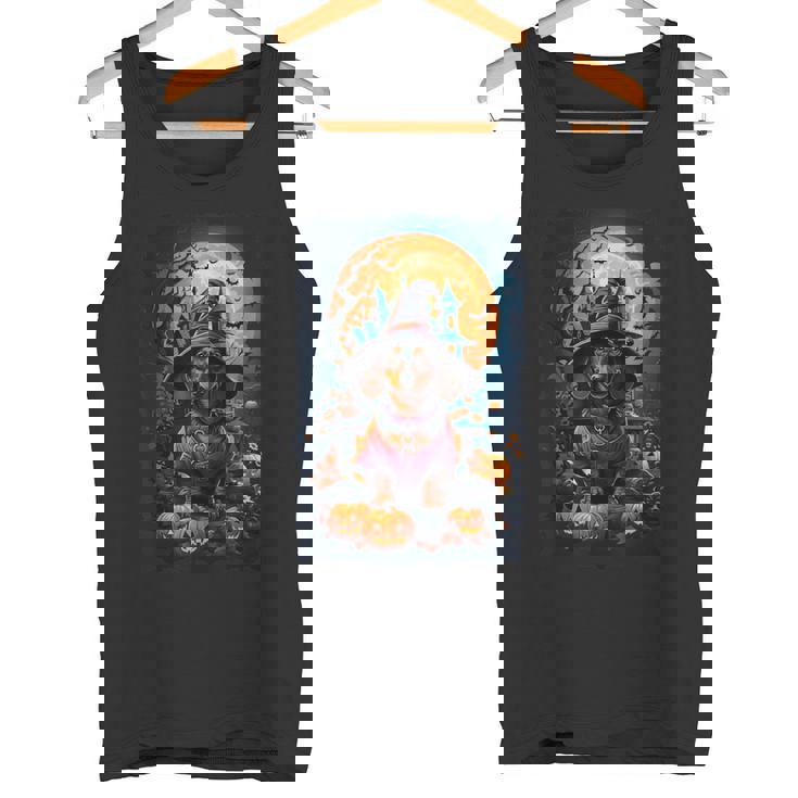 かわいいダックスフントと不気味なお化け屋敷のハロウィンコスチューム タンクトップ